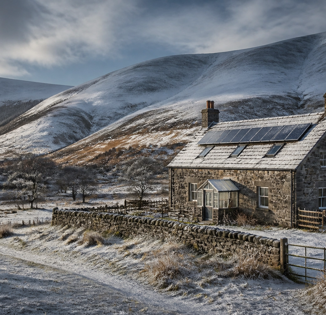 Rural solar panel scottish home in the snow