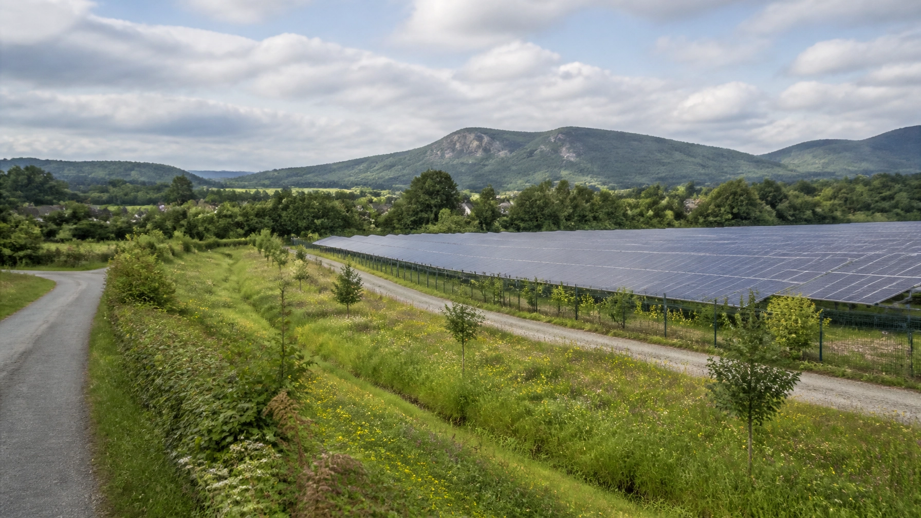 Solar panels integrated with wildflower margins, drainage features and rural screening