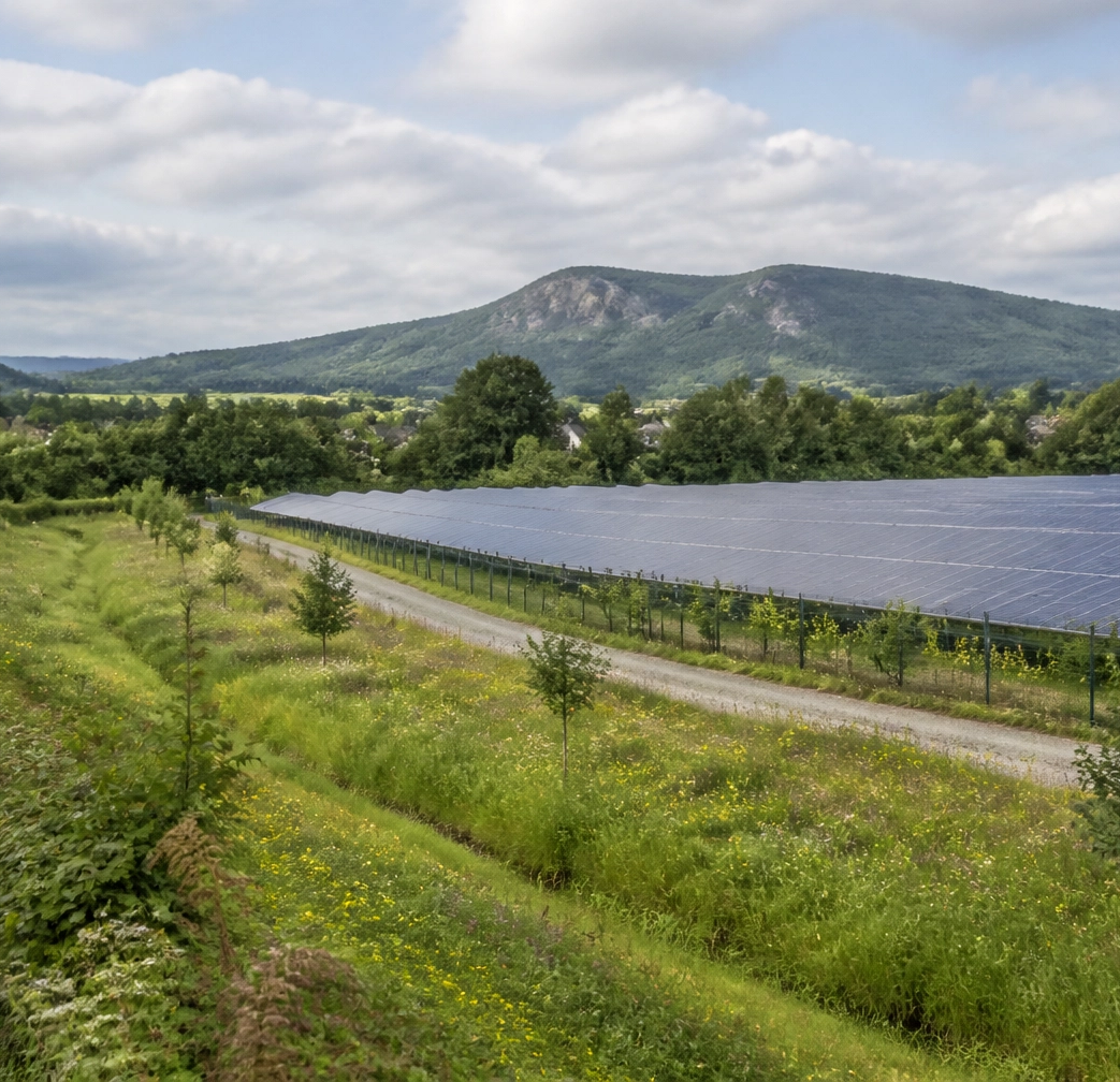 Solar panels integrated with wildflower margins, drainage features and rural screening