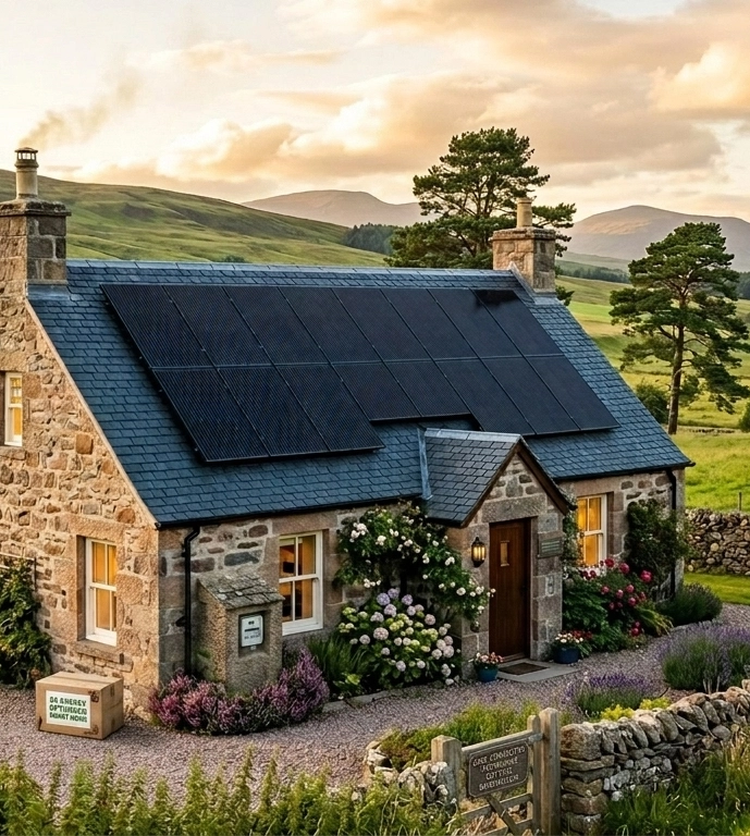 Stone cottage with solar panels on roof, surrounded by green hills, flowering gardens, and dry stone walls in rural Scottish Highlands