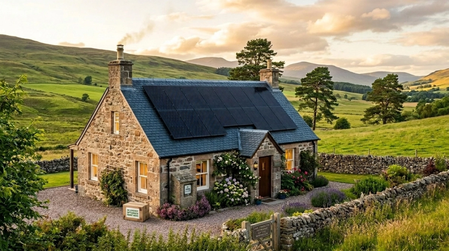 Stone cottage with solar panels on roof, surrounded by green hills, flowering gardens, and dry stone walls in rural Scottish Highlands