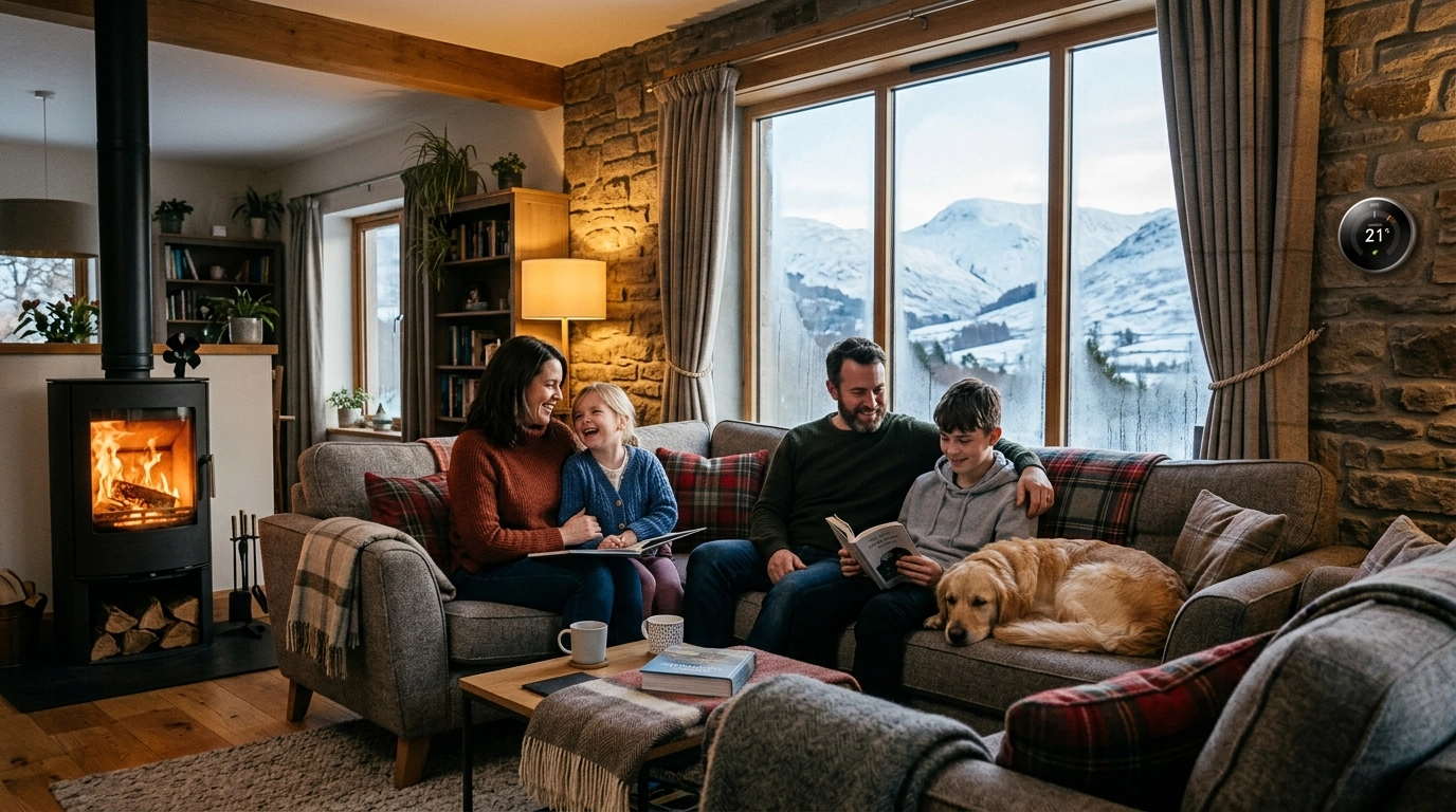 Family in a well-heated home in winter