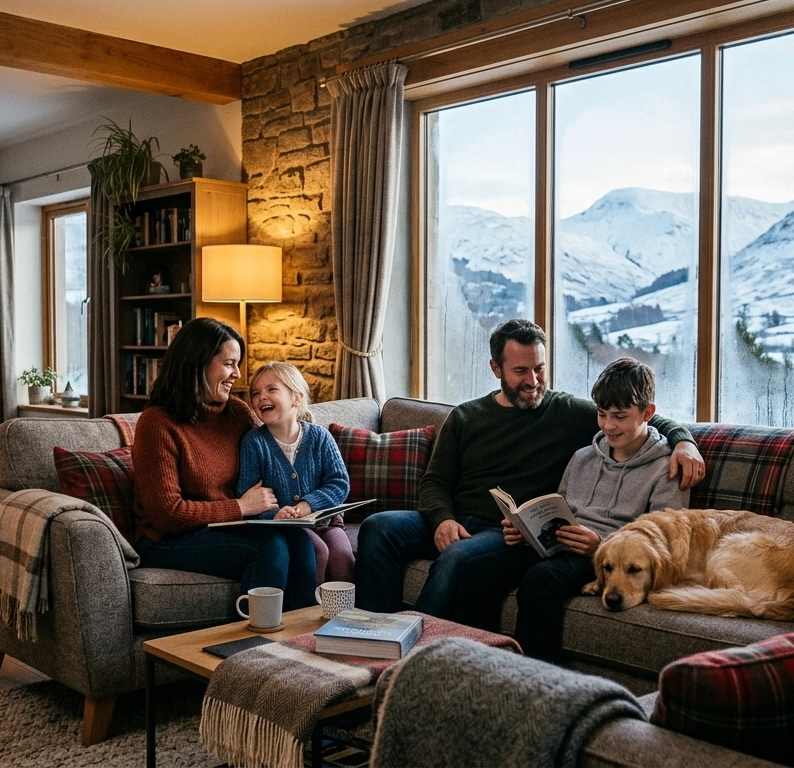 Family in a well-heated home in winter
