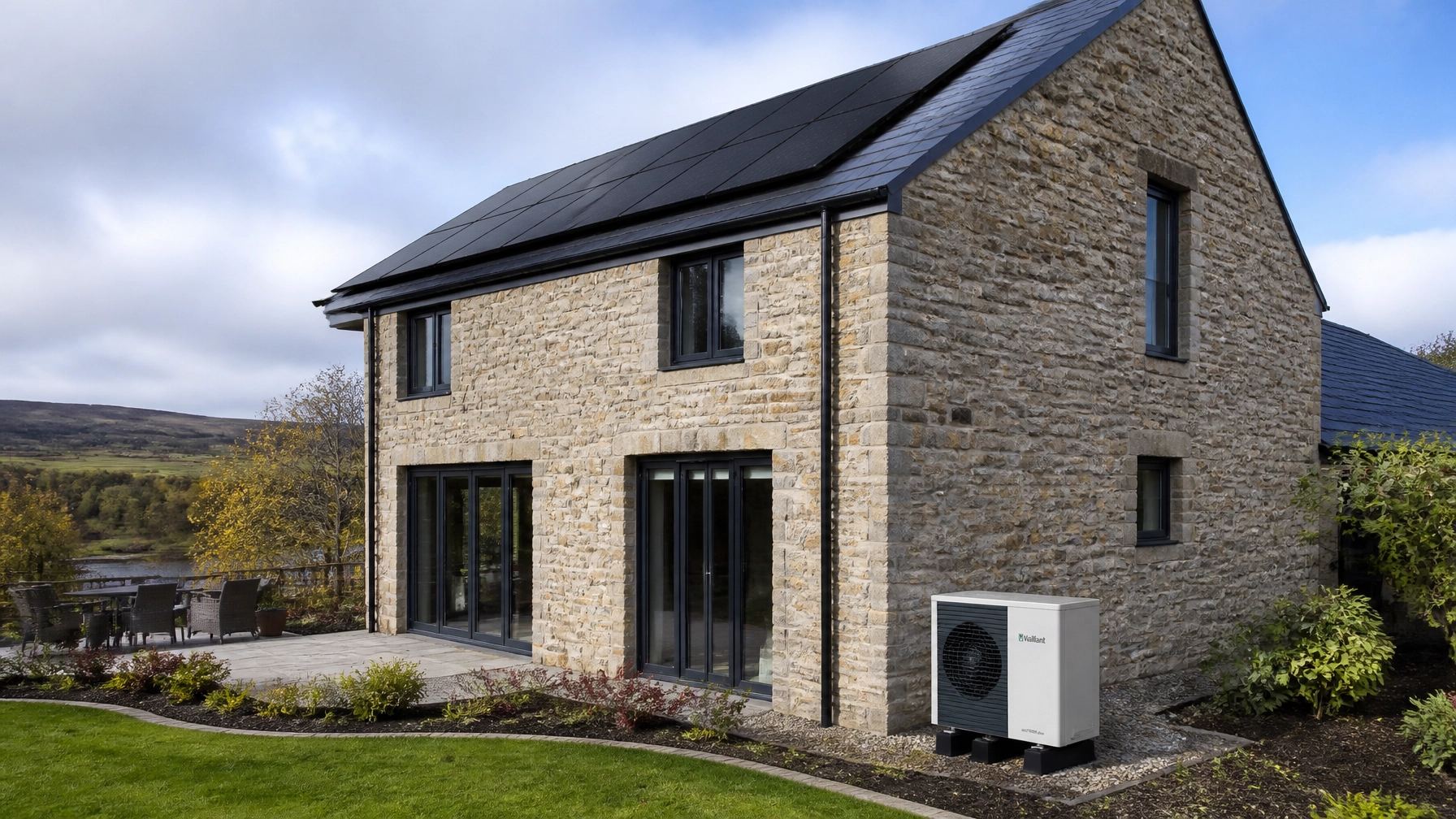 Home with solar panels and a heat pump installed scotland