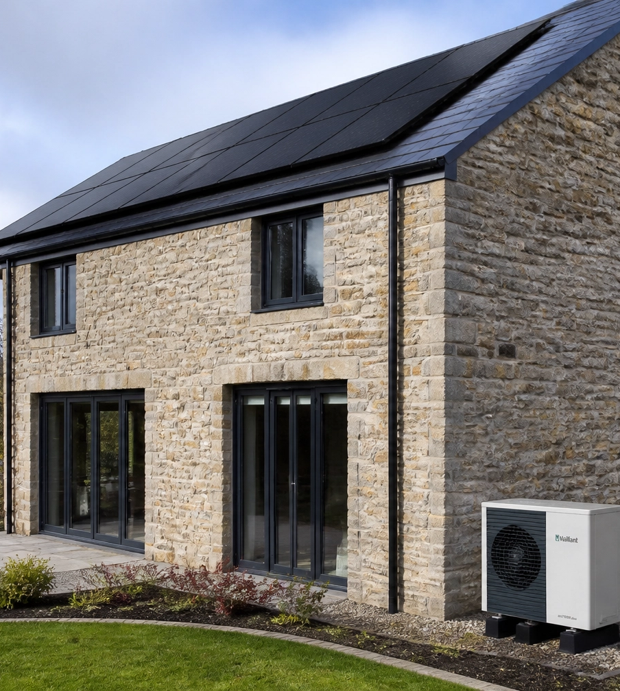 Home with solar panels and a heat pump installed scotland