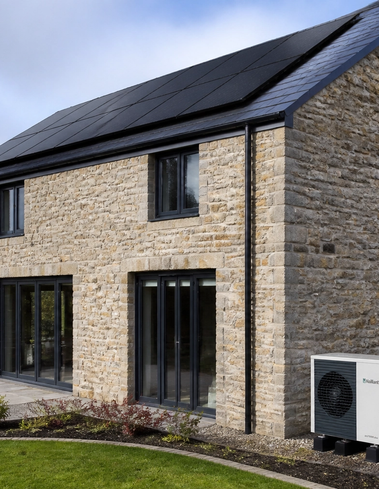 Home with solar panels and a heat pump installed scotland