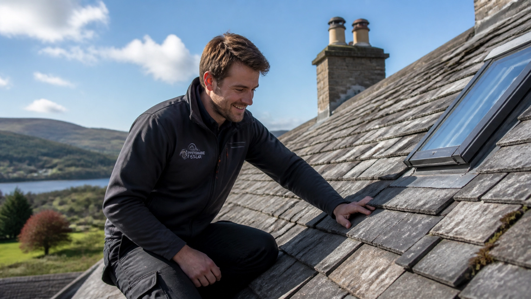 Local professional solar engineer inspecting a traditional Scottish slate roof