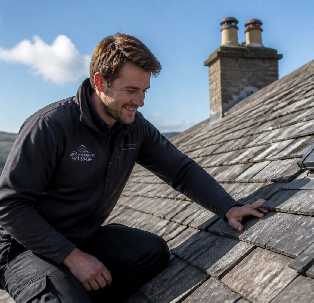 Local professional solar engineer inspecting a traditional Scottish slate roof