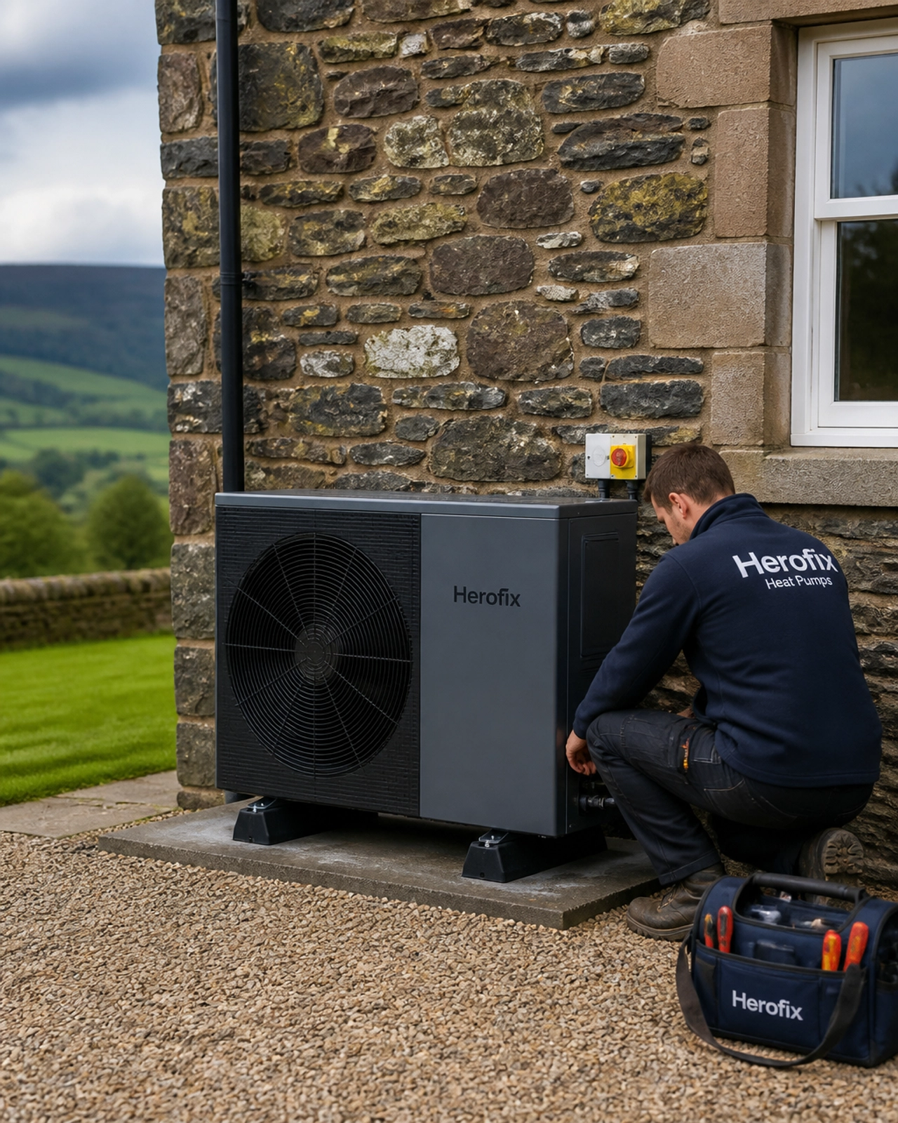 Herofix installer fitting a heat pump