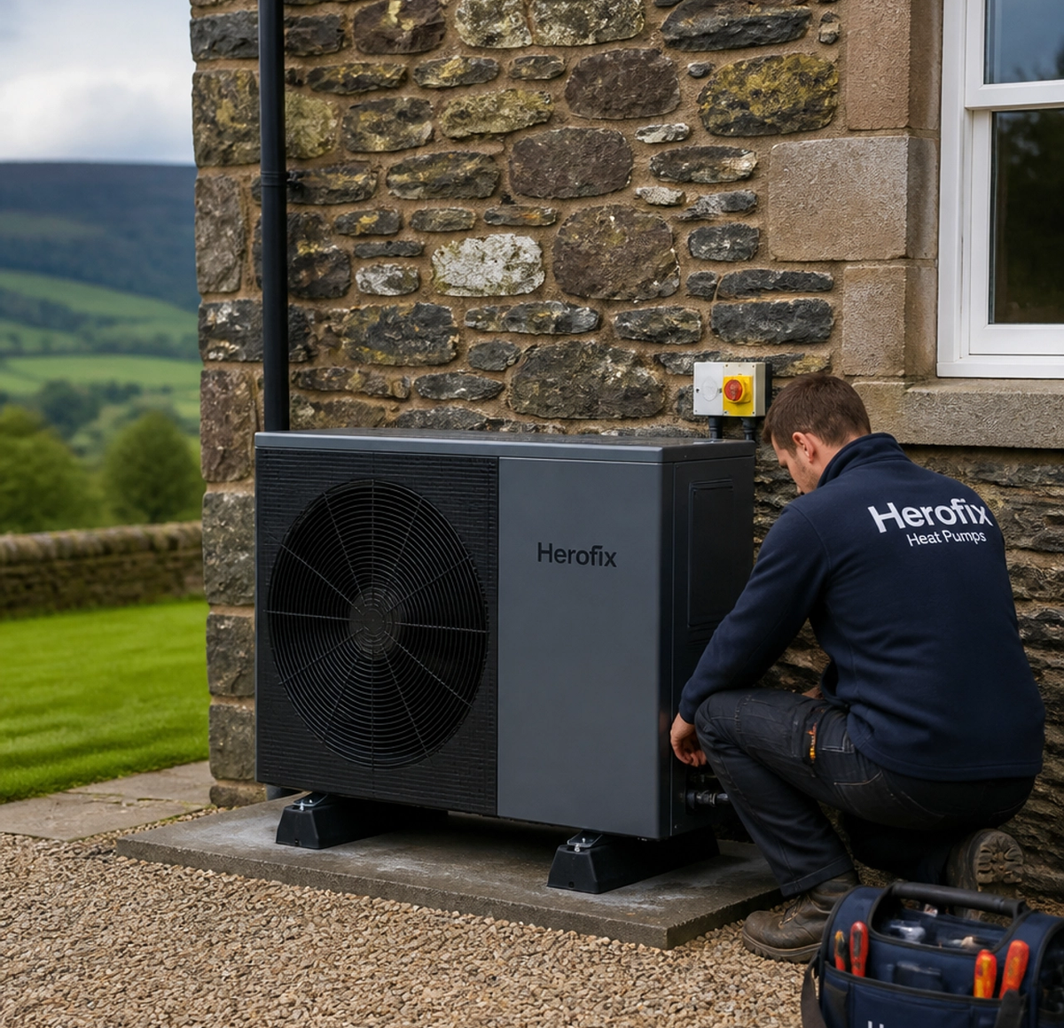 Herofix installer fitting a heat pump