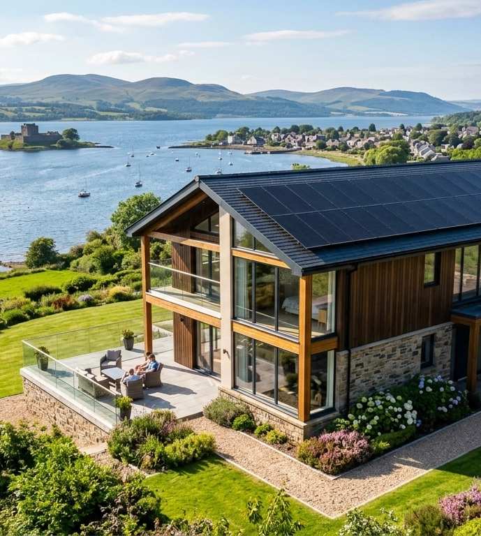 Modern house with solar panels on hillside overlooking Scottish loch with castle, mountains, and village across water