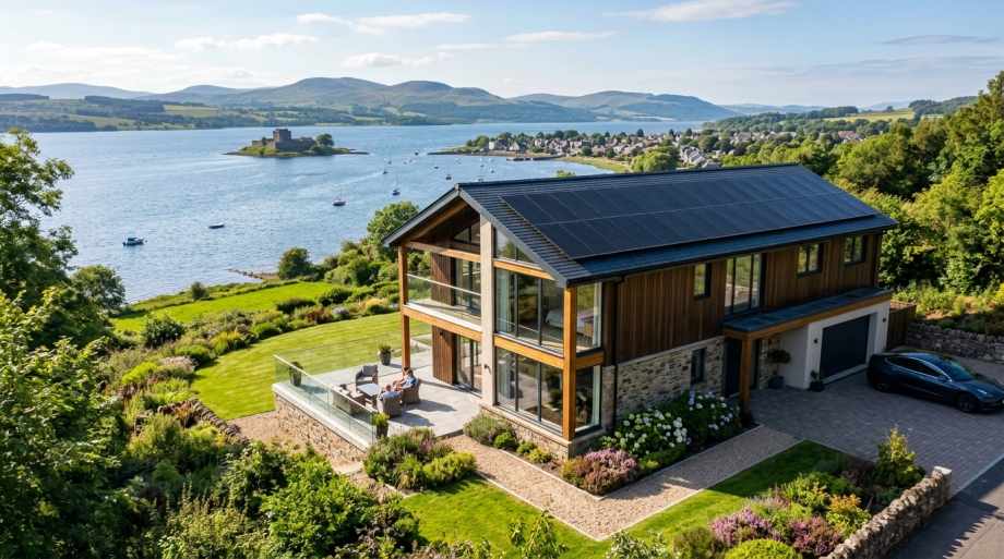 Modern house with solar panels on hillside overlooking Scottish loch with castle, mountains, and village across water