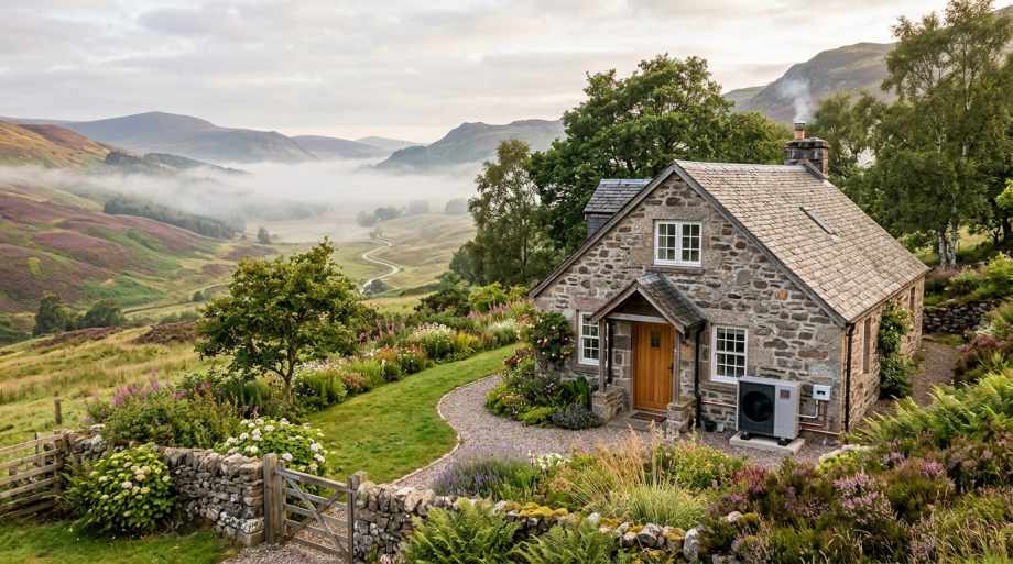 Stone cottage in Scottish Highland valley with misty mountains, rolling green hills, garden, and winding river below