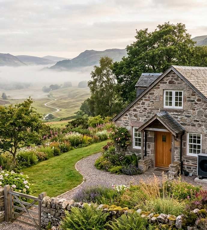 Stone cottage in Scottish Highland valley with misty mountains, rolling green hills, garden, and winding river below