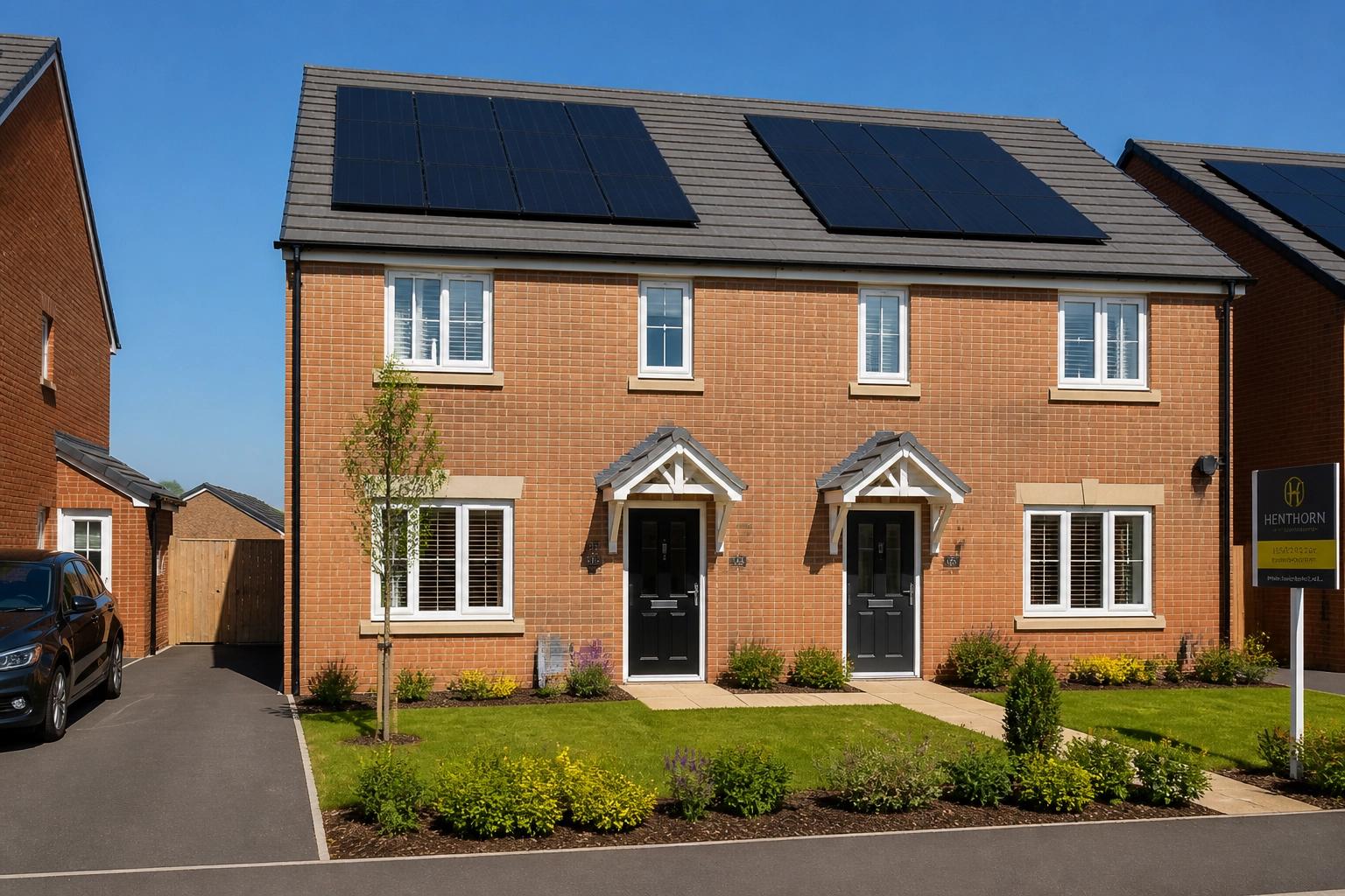 Modern red brick semi-detached house with solar panels on roof, landscaped garden, and driveway under clear blue sky