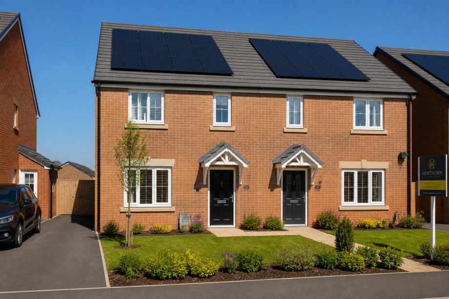 Modern red brick semi-detached house with solar panels on roof, landscaped garden, and driveway under clear blue sky