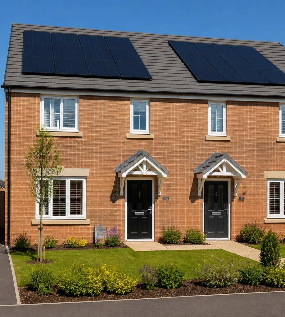 Modern red brick semi-detached house with solar panels on roof, landscaped garden, and driveway under clear blue sky