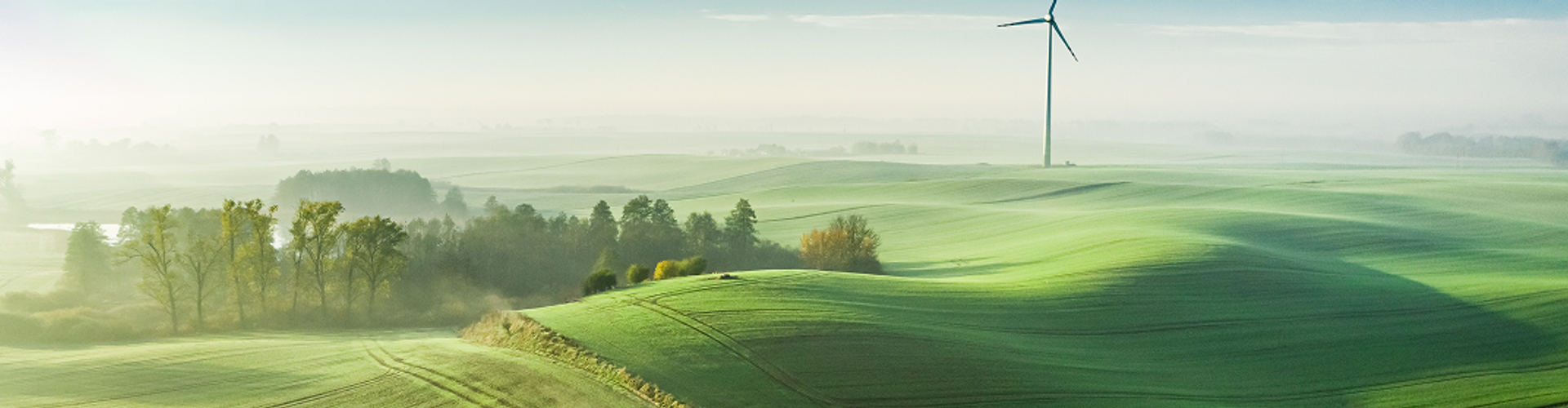 A serene aerial view of rolling green hills and vast agricultural fields bathed in soft morning light or mist.