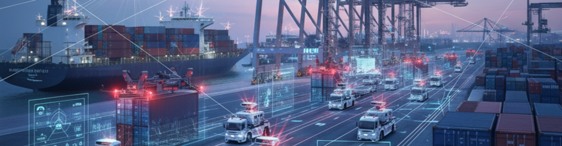 LiDAR technology scanning autonomous trucks and shipping containers in a modern, efficient port terminal at dusk.