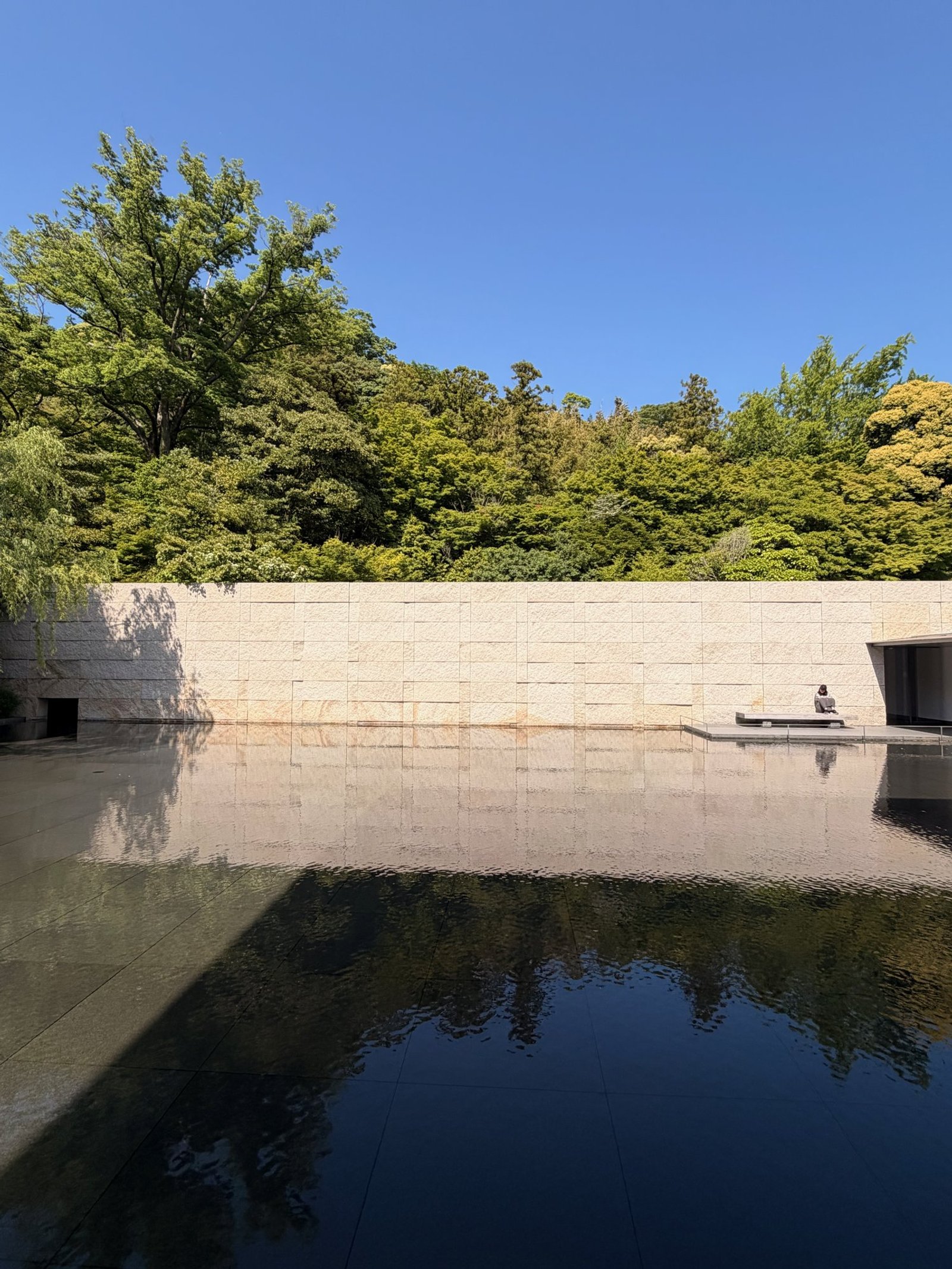 A still reflecting pool beside a pale stone wall, with green trees and blue sky above.