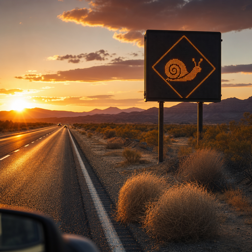Photorealistic wide shot of a desert highway at sunset featuring a digital sign 