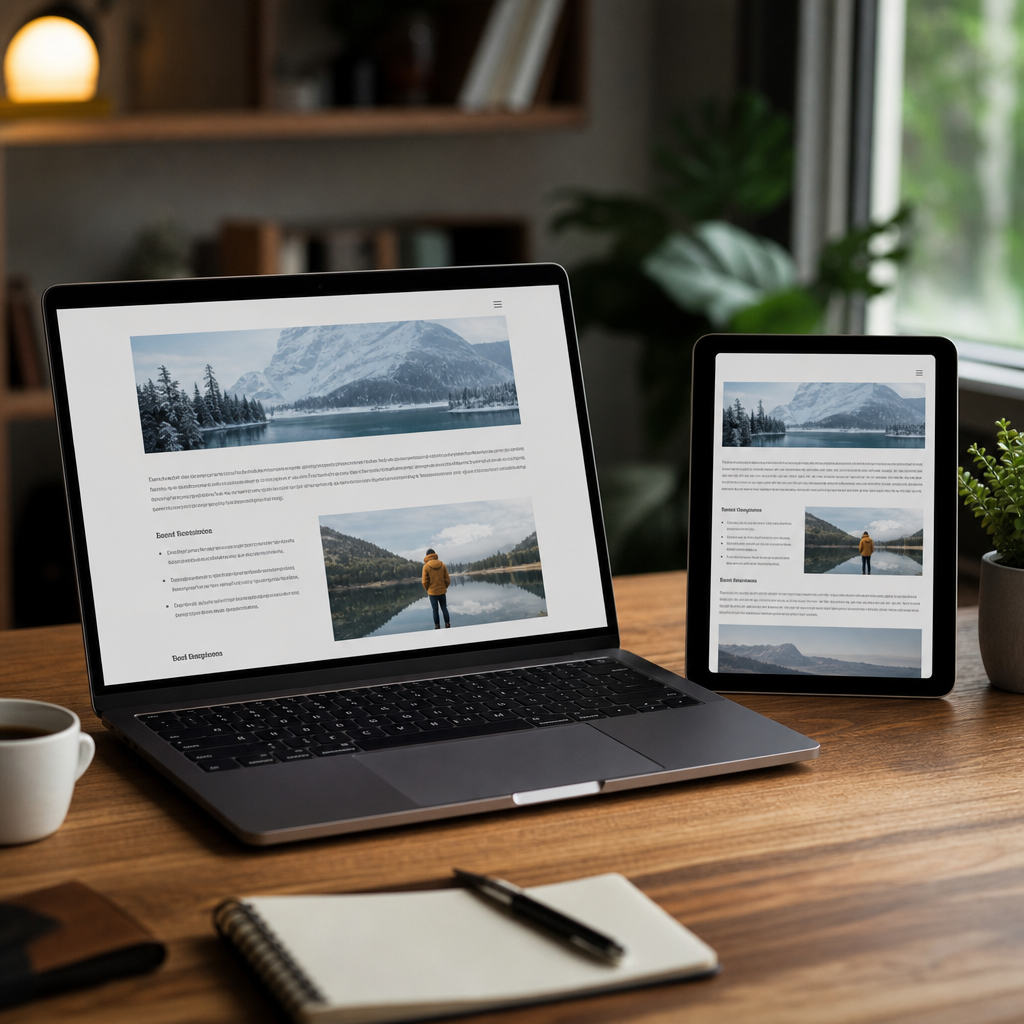 Photorealistic view of an open laptop displaying a well-formatted blog post with