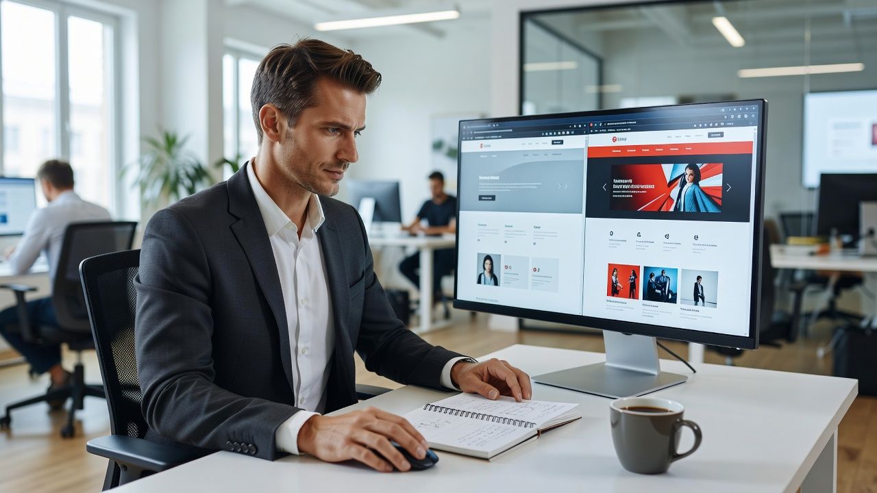 Web designer comparing different WordPress slider plugin designs on a widescreen monitor