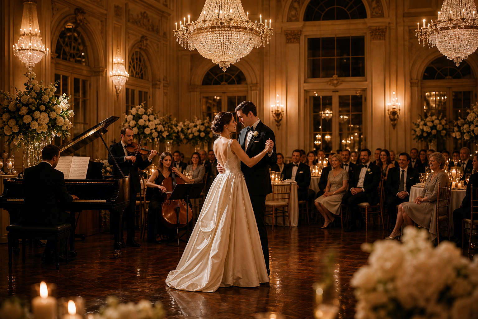 Bride and groom share first dance in vintage ballroom, pianist and string trio p