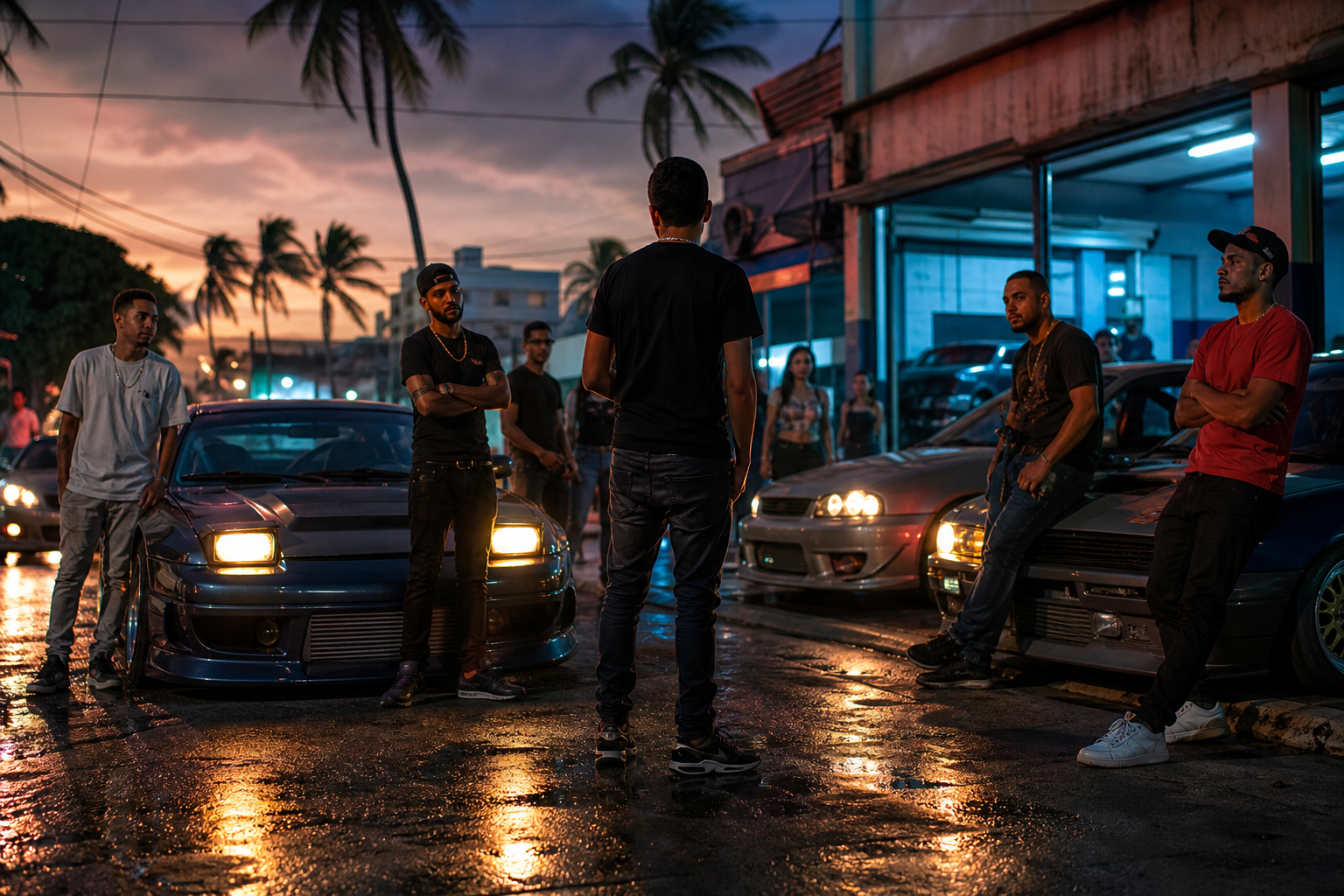 Neon-lit street racers gather beside modified cars outside a Dominican garage at