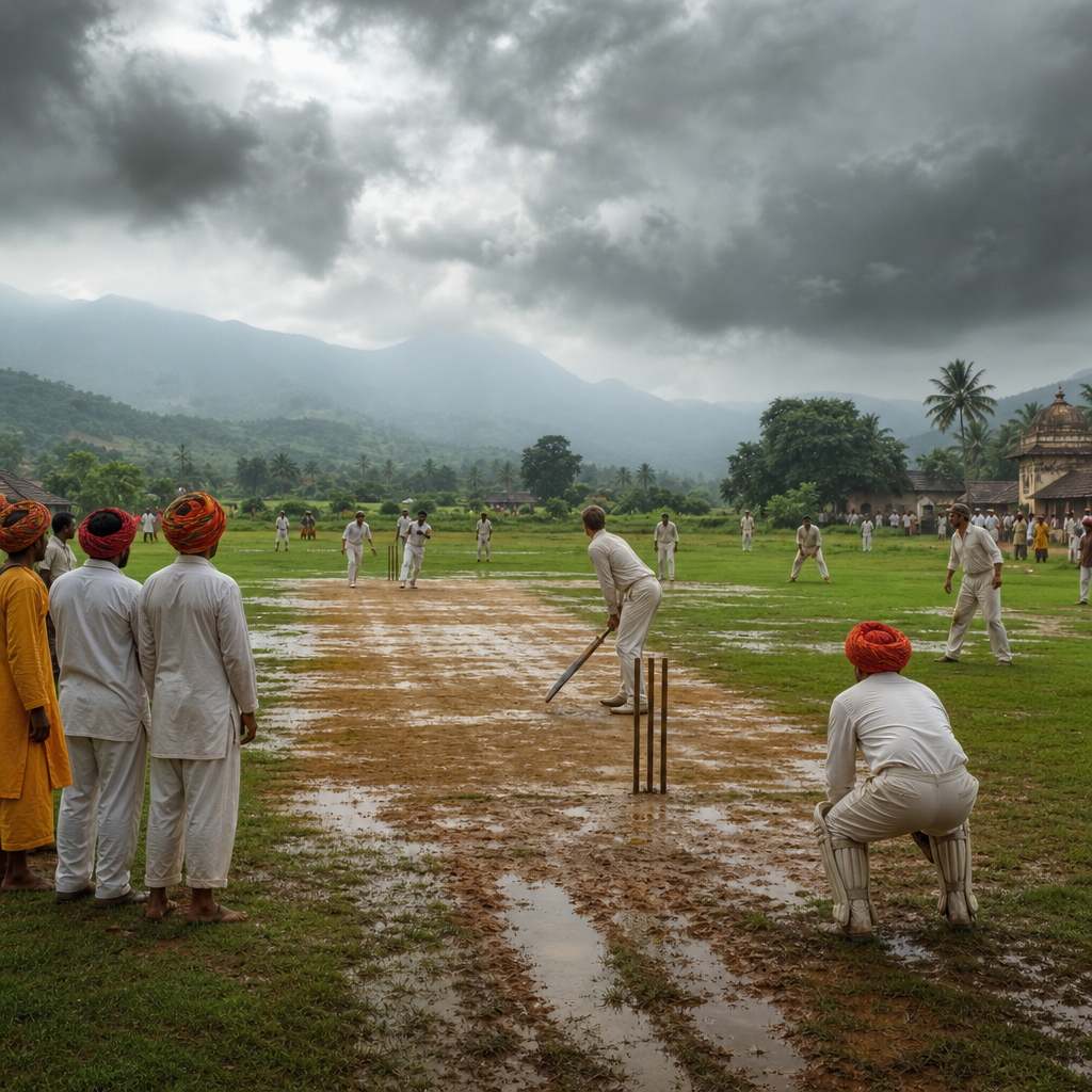 Photorealistic vista of a vast Indian village cricket pitch during monsoon seaso