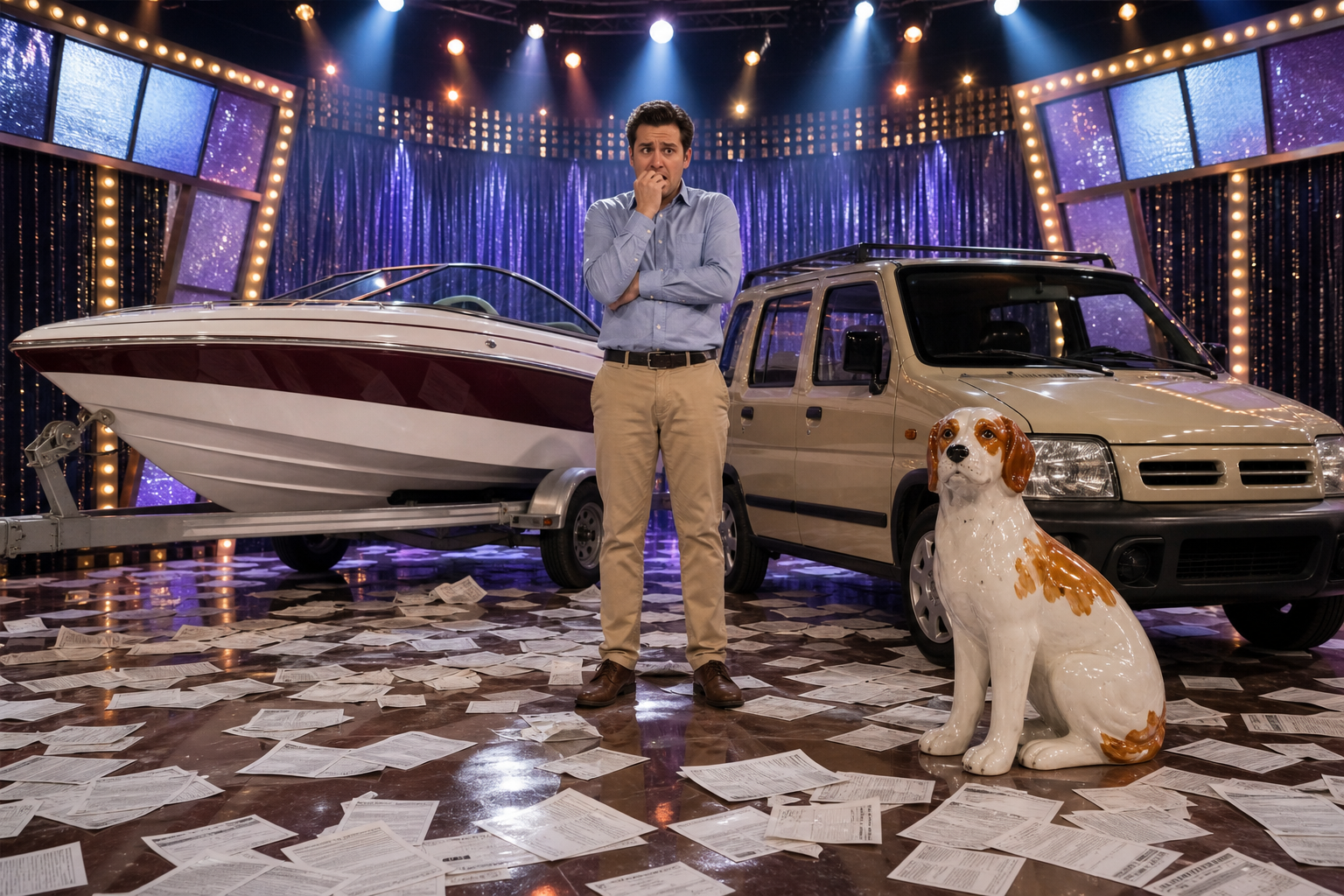 A nervous contestant stands beside a speedboat, ugly compact SUV, and ceramic do