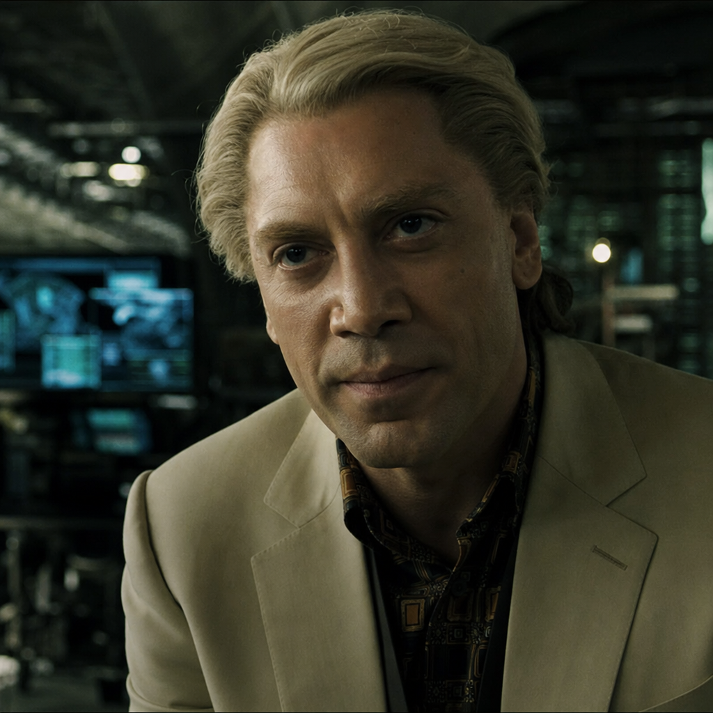 Photorealistic image of Raoul Silva in a dimly lit underground lair with monitor