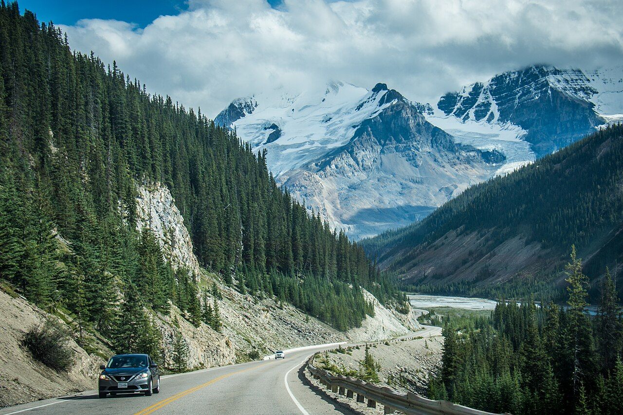 The winding Icefields Parkway through the Canadian Rockies
