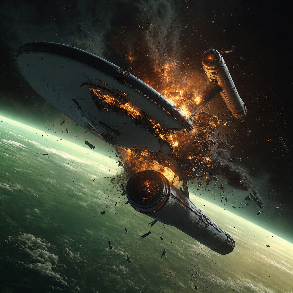 Photorealistic image of the Enterprise exploding in orbit above the Genesis Plan