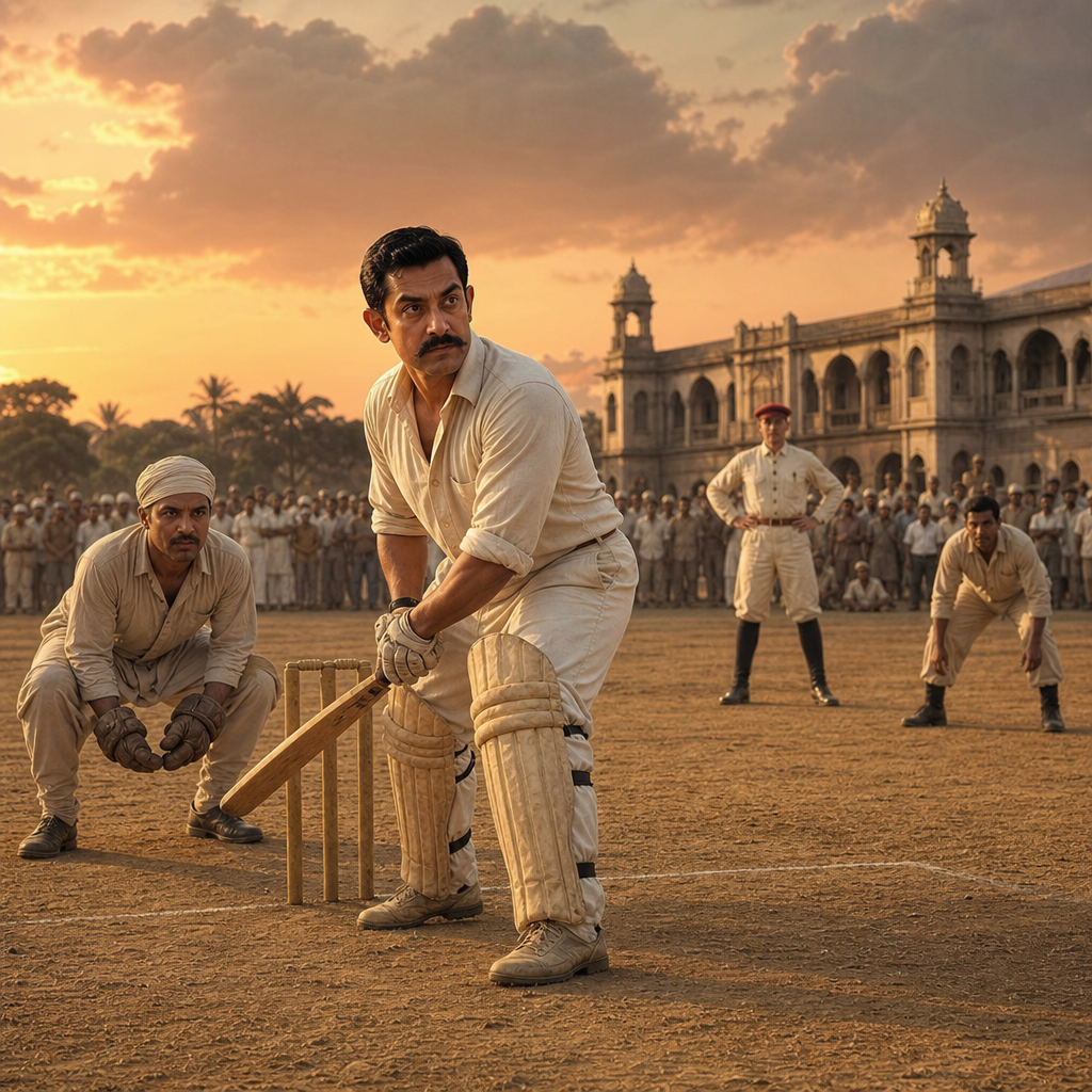 Photorealistic scene of villagers playing cricket against British officers in a 