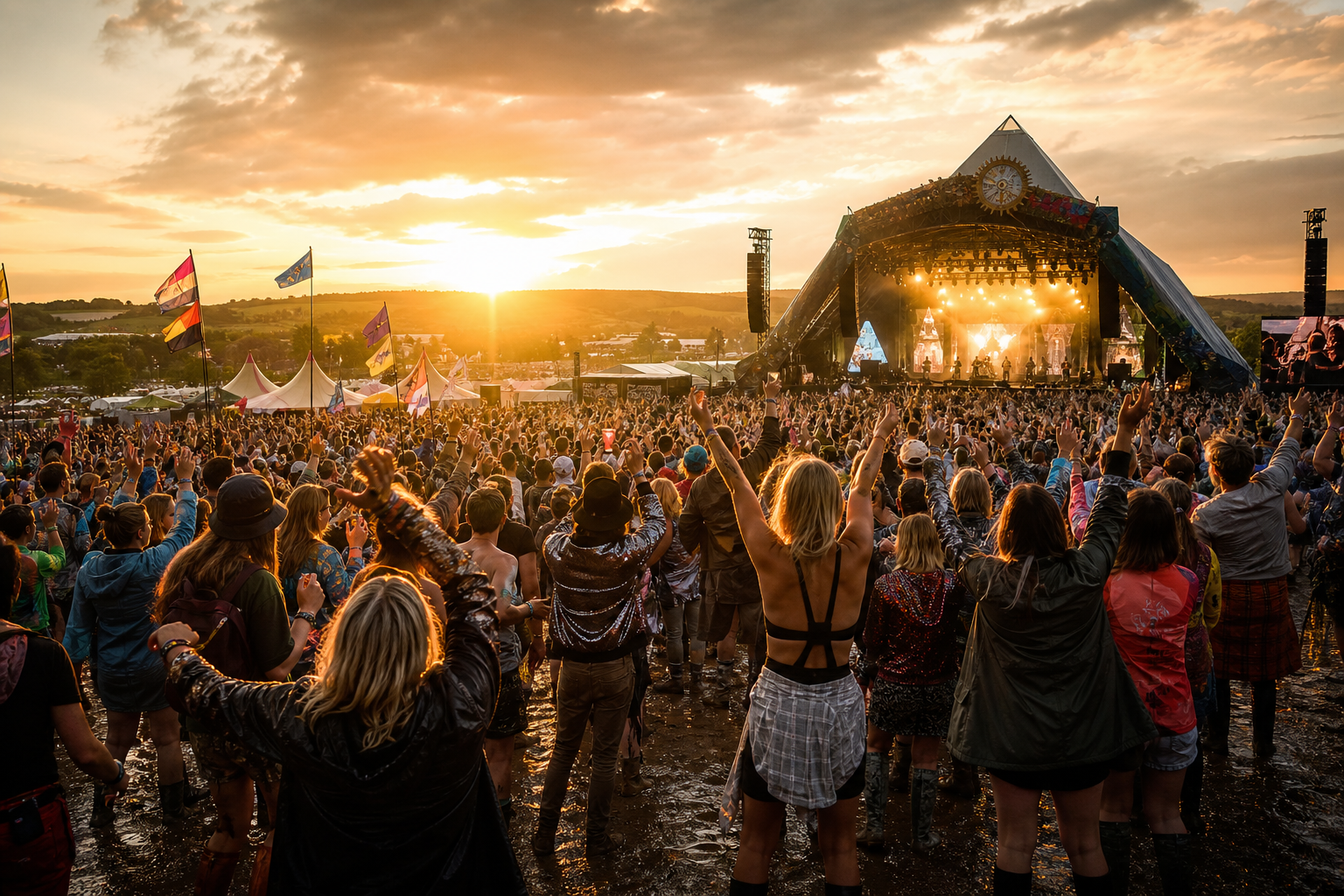 Photorealistic summer crowd cheering before a huge outdoor festival stage, tents