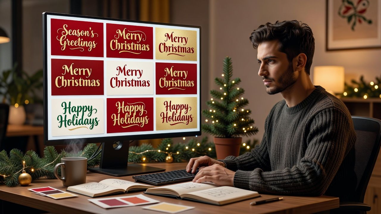 Graphic designer creating Christmas cards with multiple festive typography fonts on screen