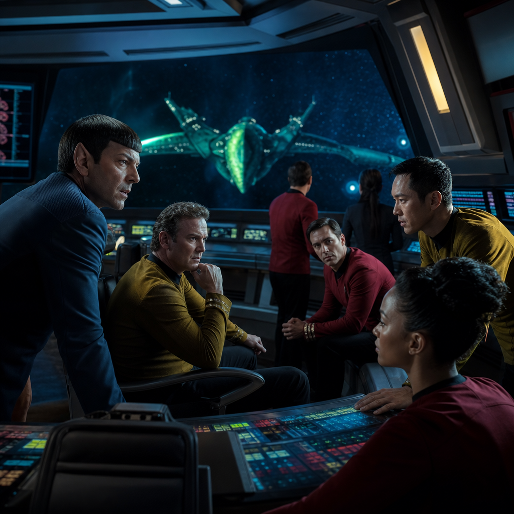 Photorealistic wide shot of the USS Enterprise bridge crew in tense discussion d