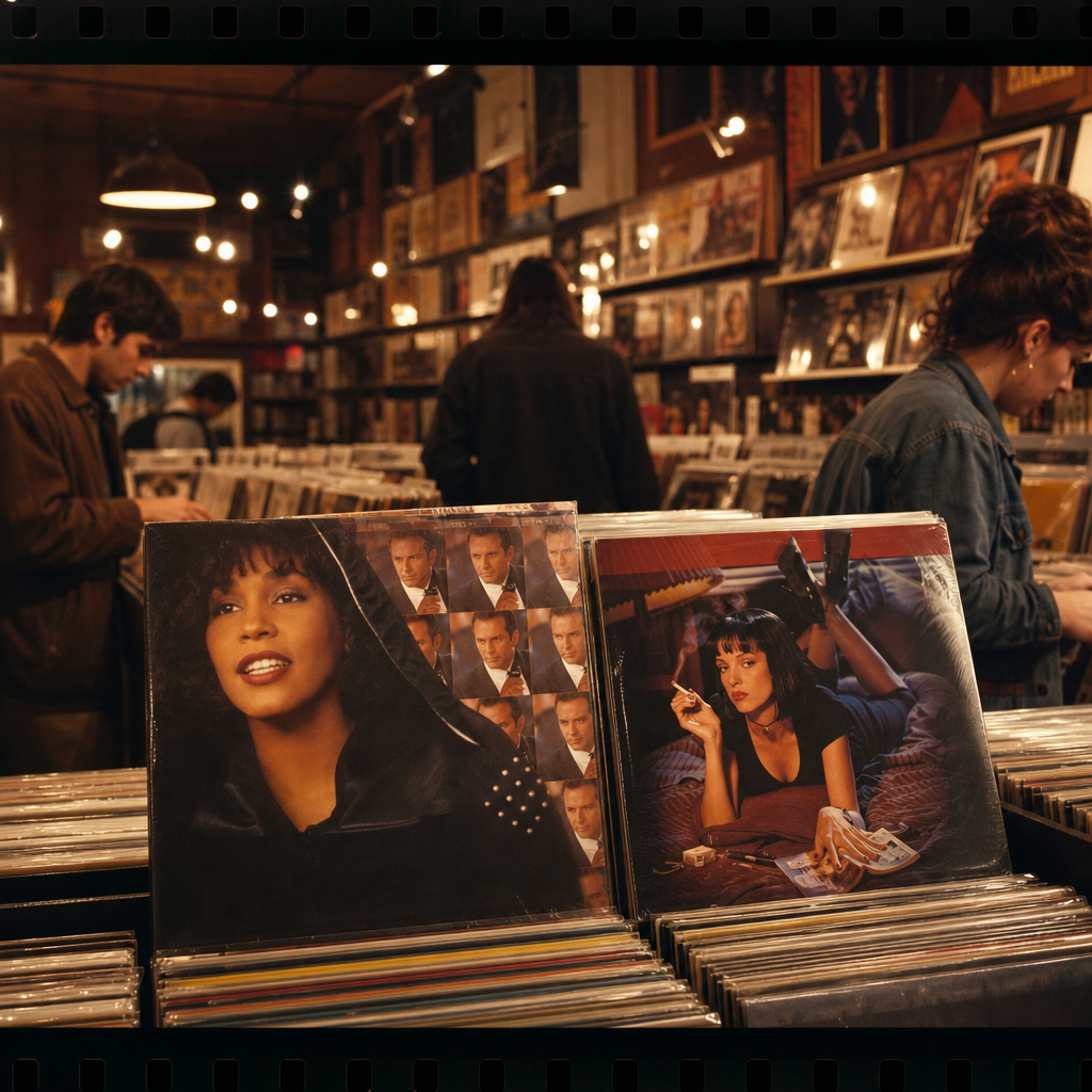 Photorealistic scene of a 1990s record store with The Bodyguard and Pulp Fiction