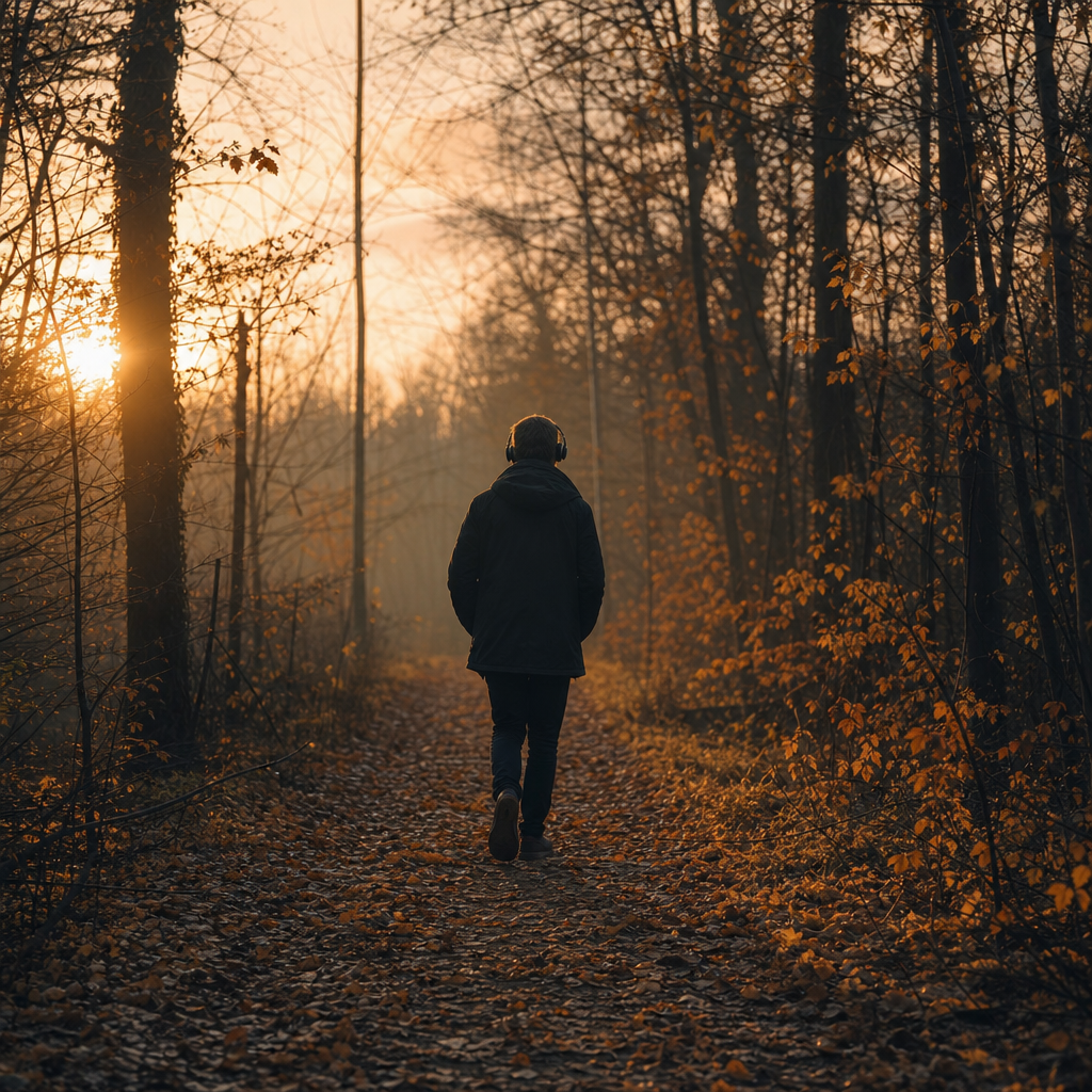 A solitary figure walking through a misty autumn forest at twilight, headphones 