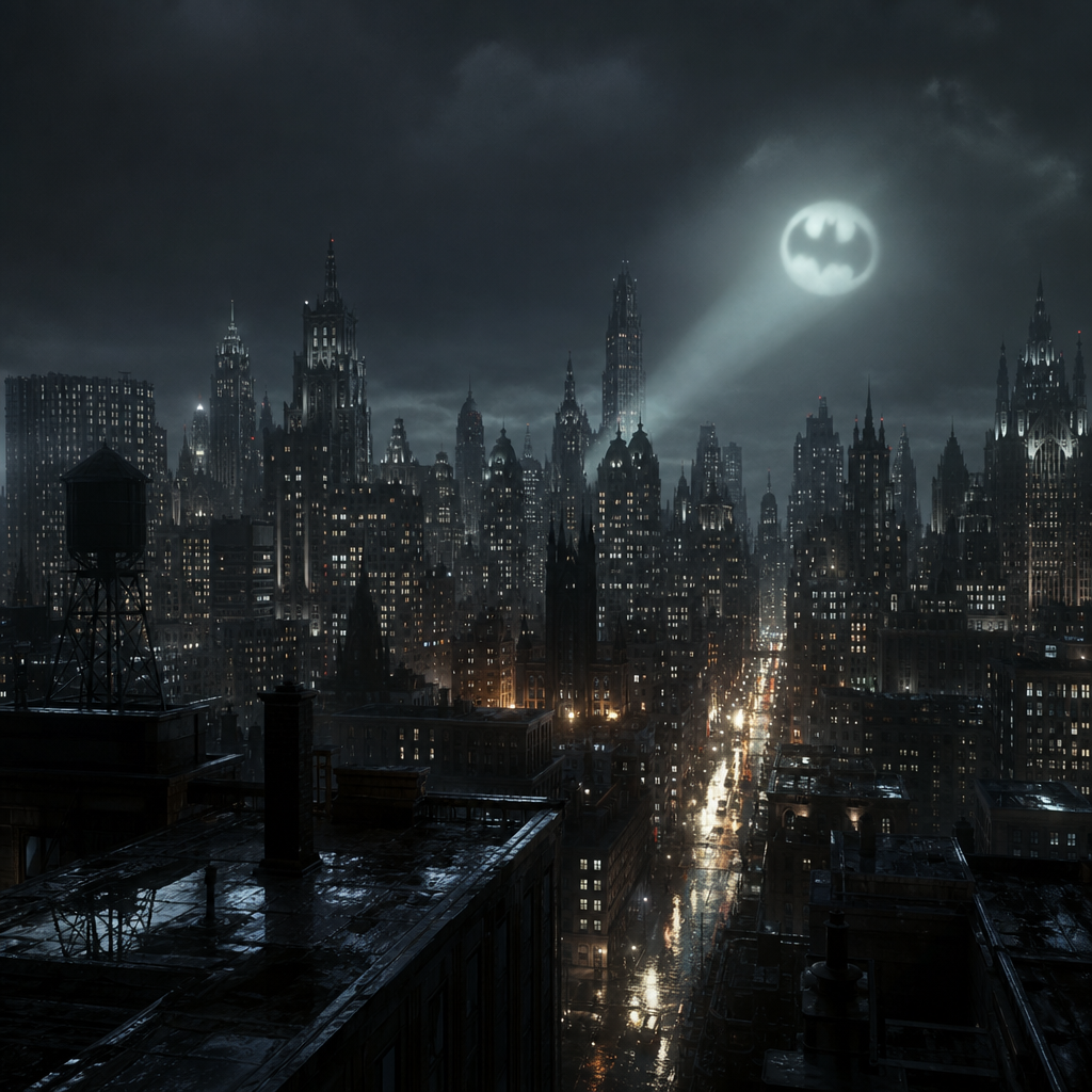 Photorealistic night view of Gotham City skyline with the Bat-Signal piercing th
