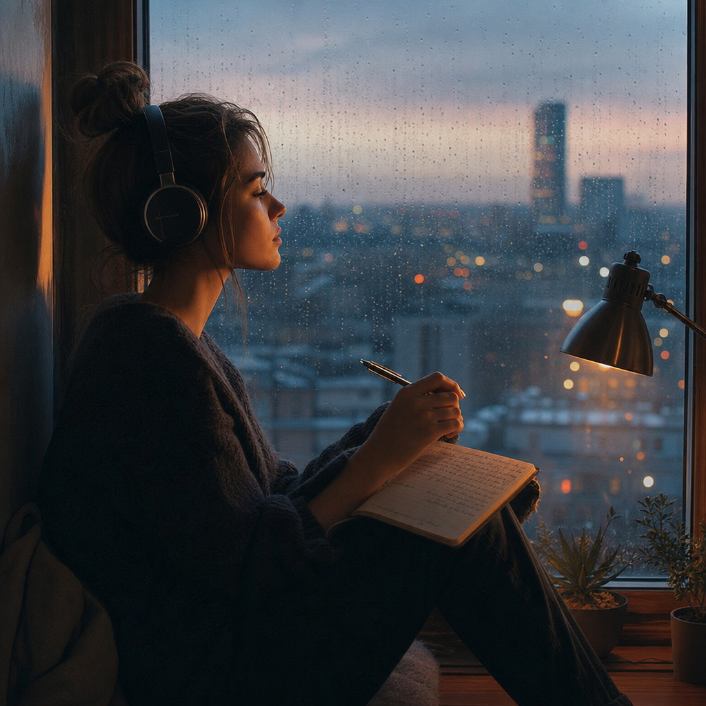 Photorealistic scene of a person sitting alone on a rainy windowsill at dusk, he