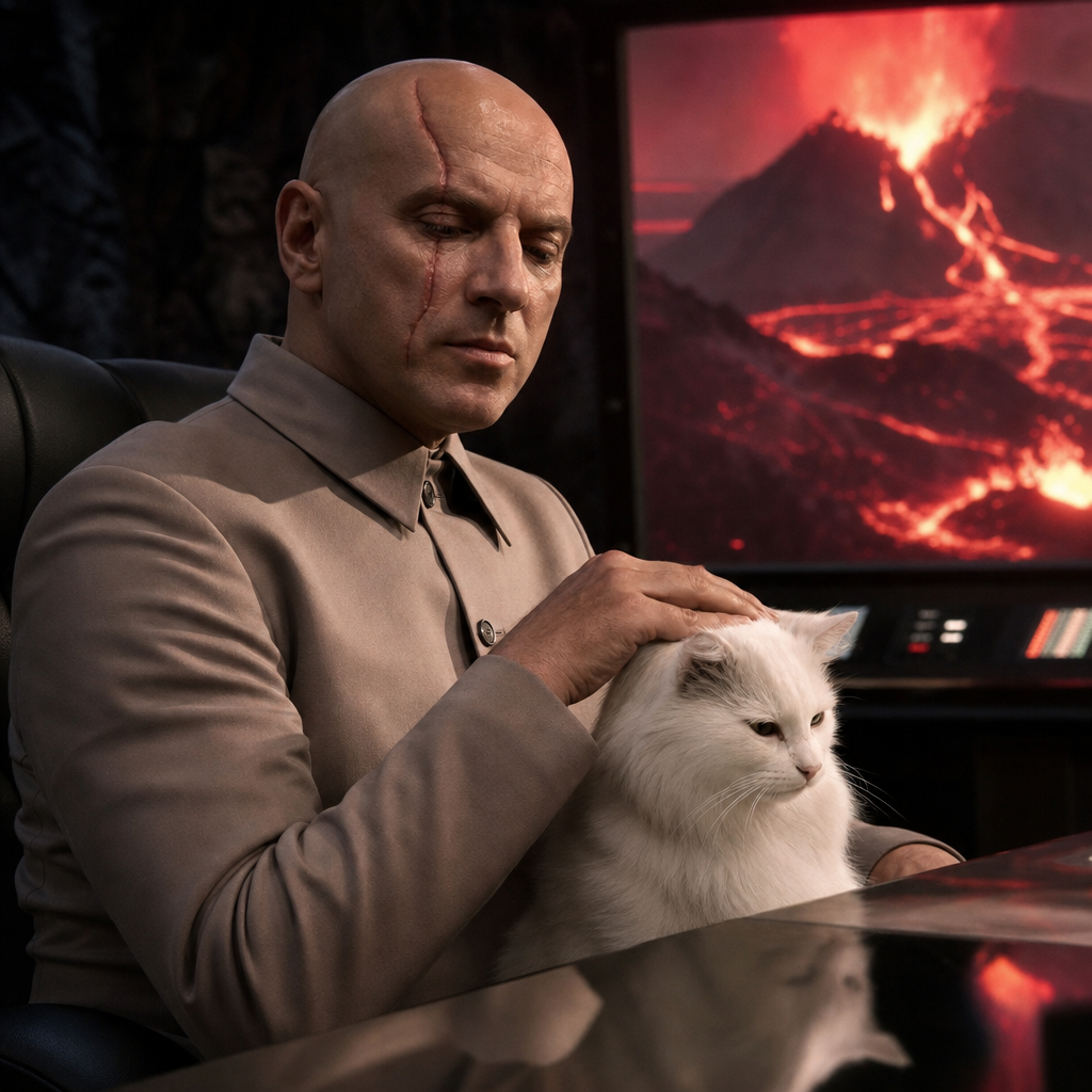 Photorealistic scene of a bald villain with facial scar stroking a white cat in 