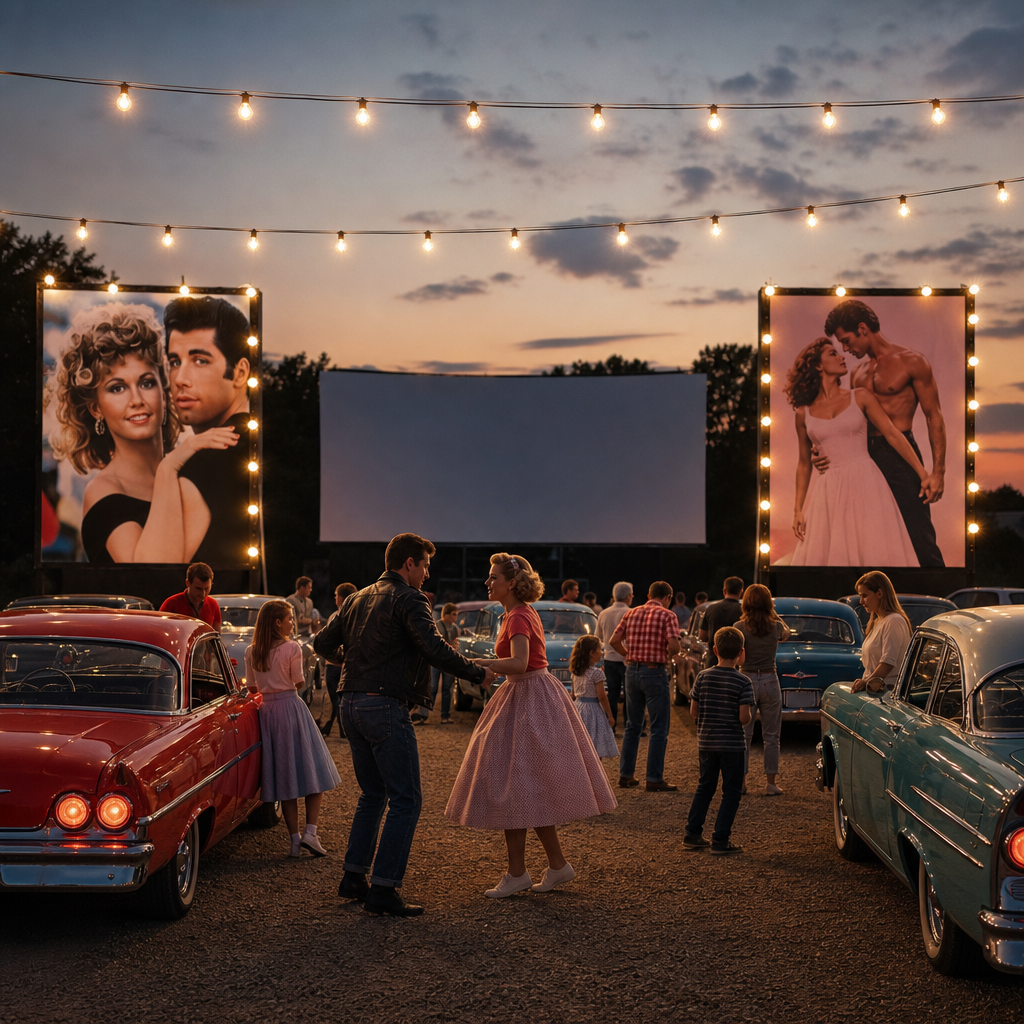 Photorealistic image of a retro drive-in movie theater at dusk with Grease and D