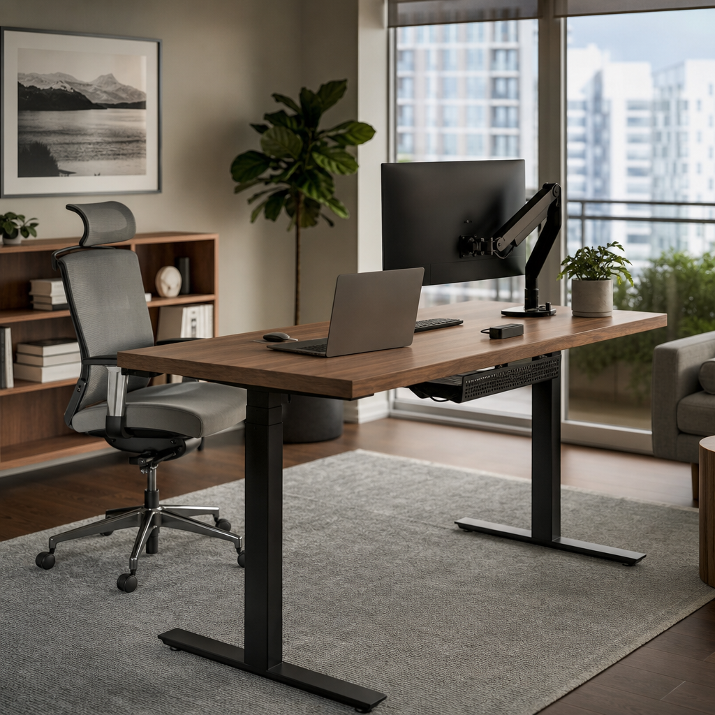 Photorealistic home office with walnut standing desk, monitor arm, laptop, cable