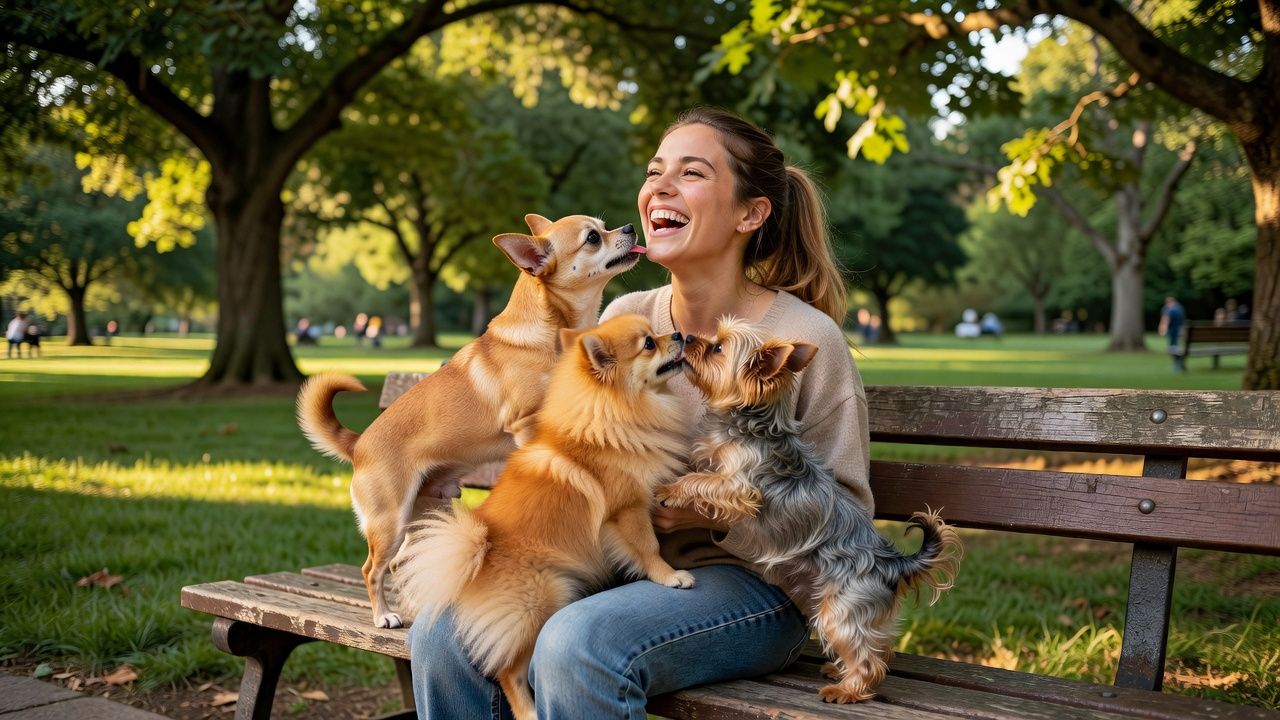 Happy woman with three small dogs on her lap in a sunny park
