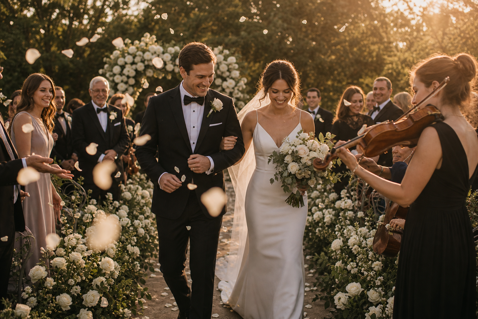 Outdoor garden wedding ceremony at golden hour with aisle musicians, smiling gue