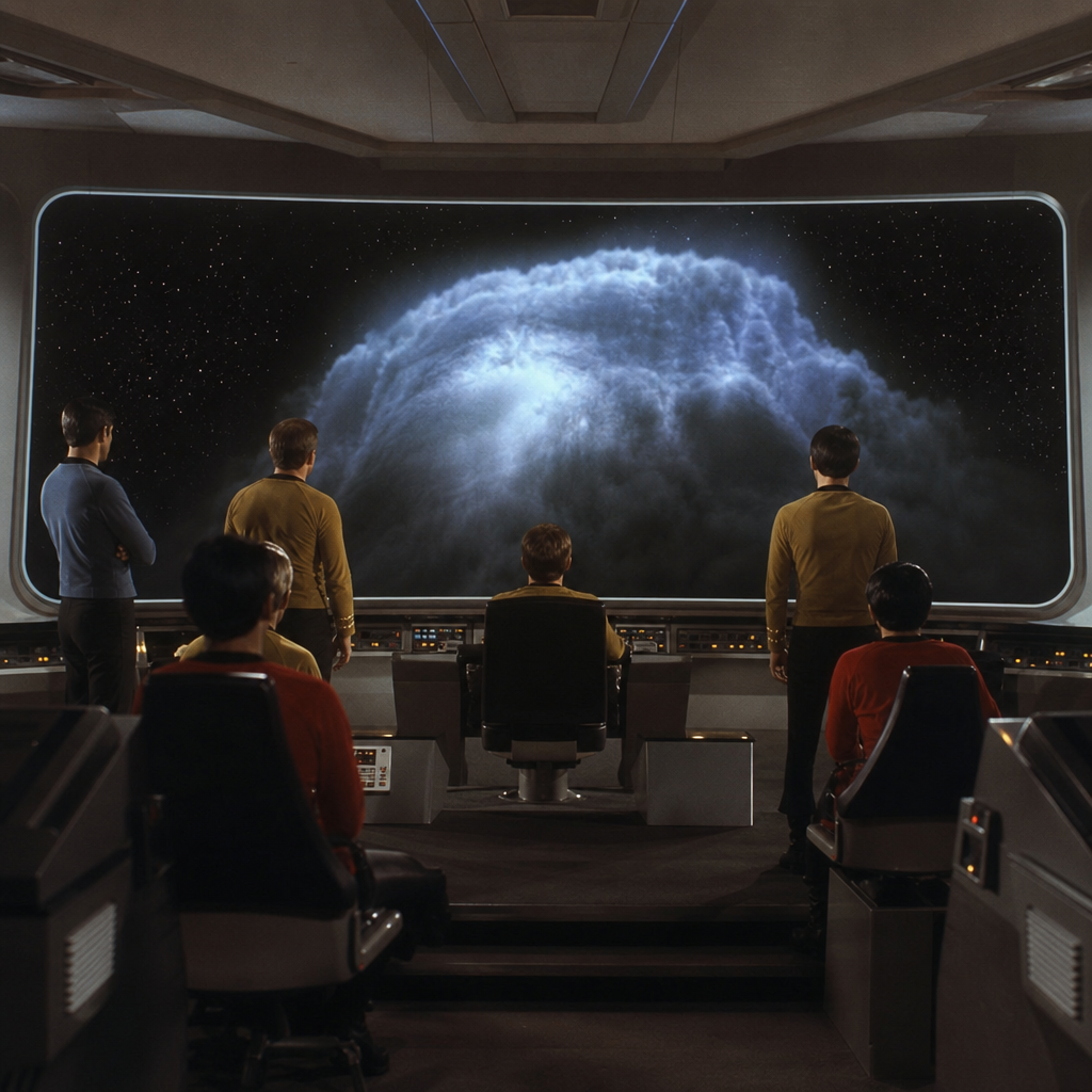 Photorealistic scene of the original Enterprise crew on the bridge facing the ma