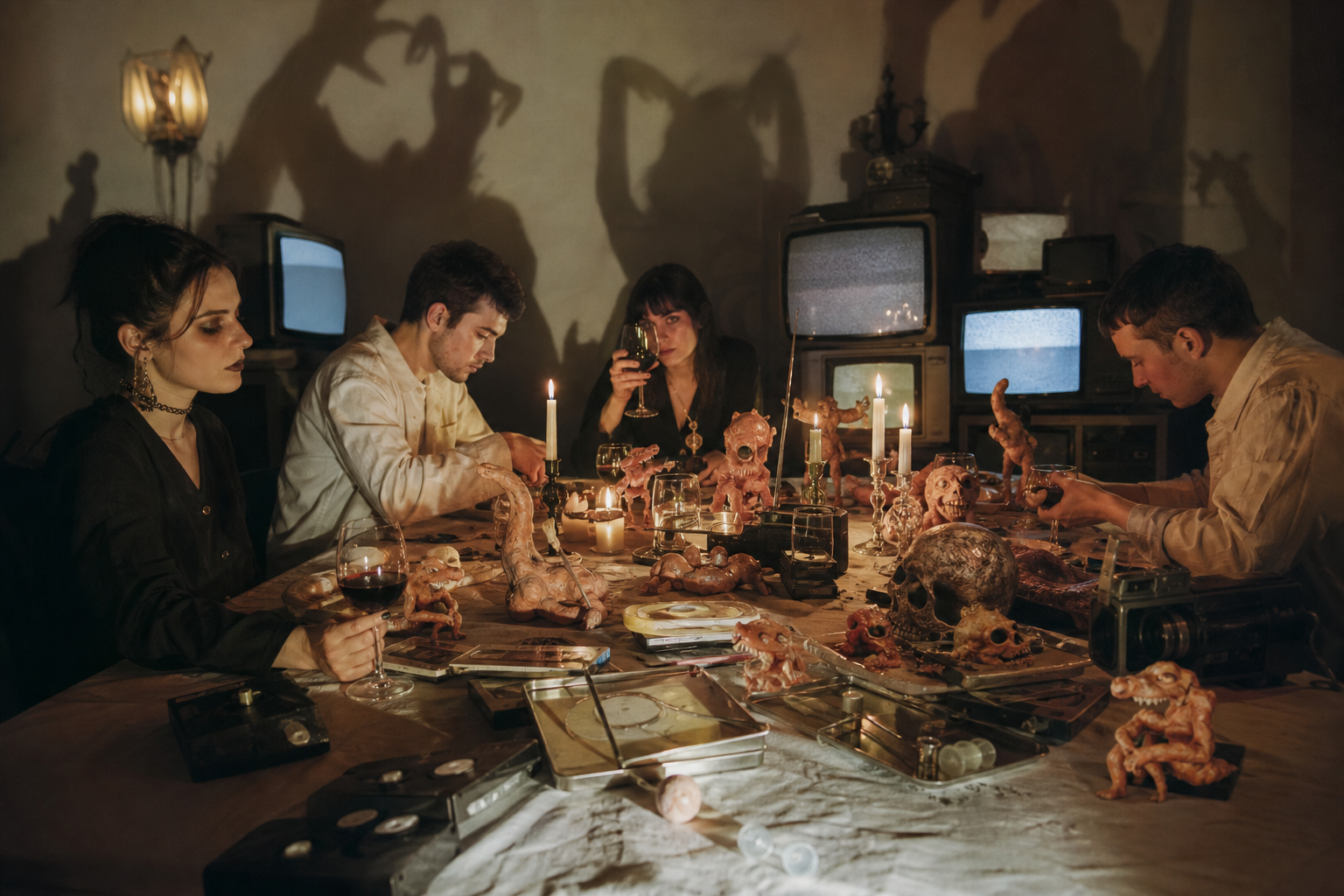 A surreal kitchen table covered with VHS tapes, clay creatures, medical props, r