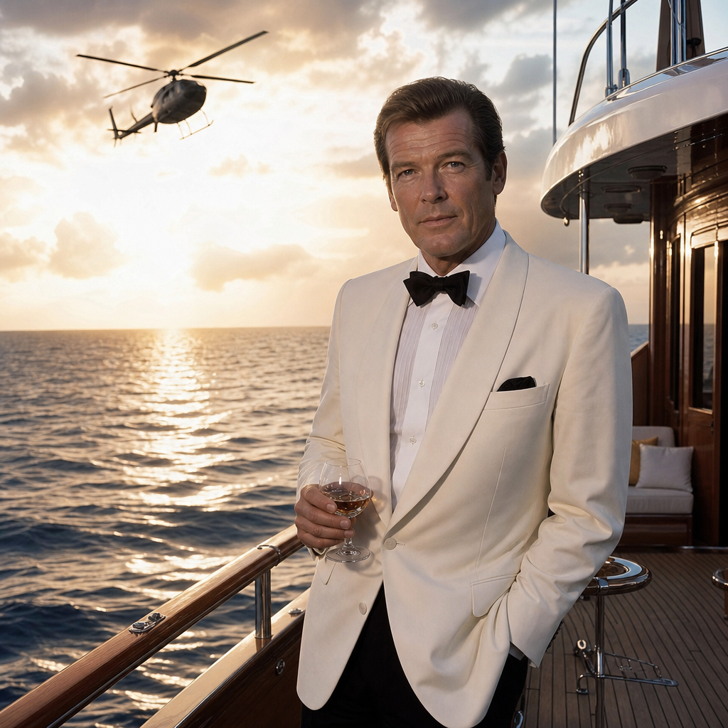 Photorealistic scene of Roger Moore as Bond in a white tuxedo aboard a luxury ya